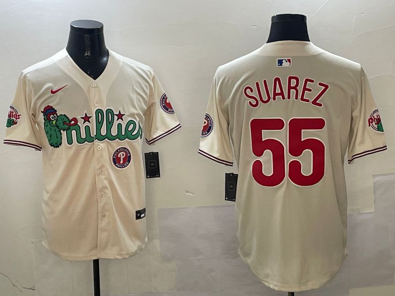 Men Philadelphia Phillies #55 Suarez Cream Three generations Joint Name Game 2025 Nike MLB Jersey style 6